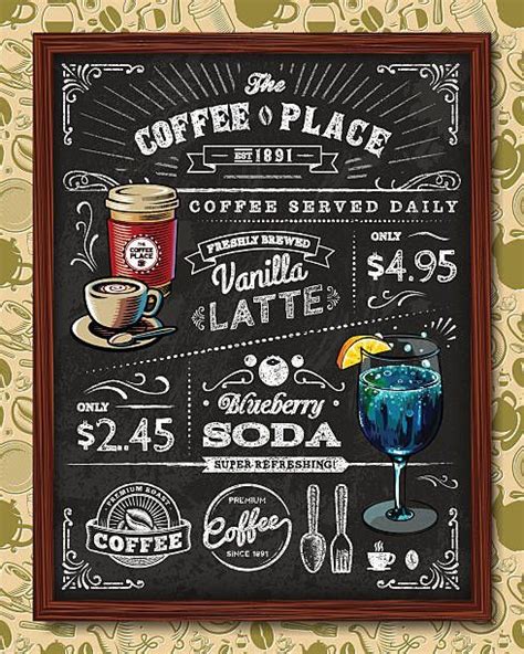 A Coffee Chalkboard Sign With Various Design Elements Complete With