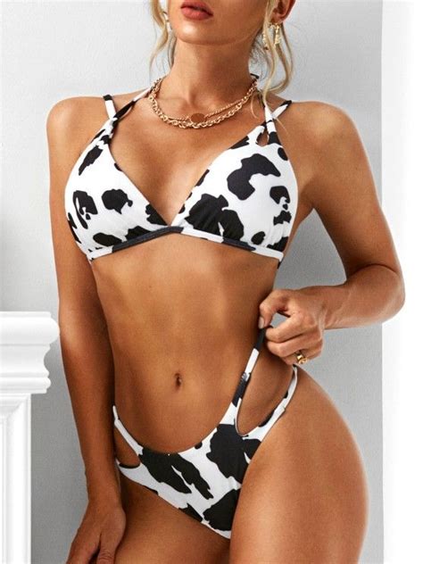 Off Zaful Cow Print Ribbed Tied Bikini Swimwear In Black