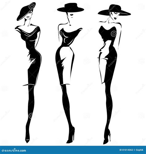 Black And White Retro Fashion Models Set In Sketch Style Hand Drawn