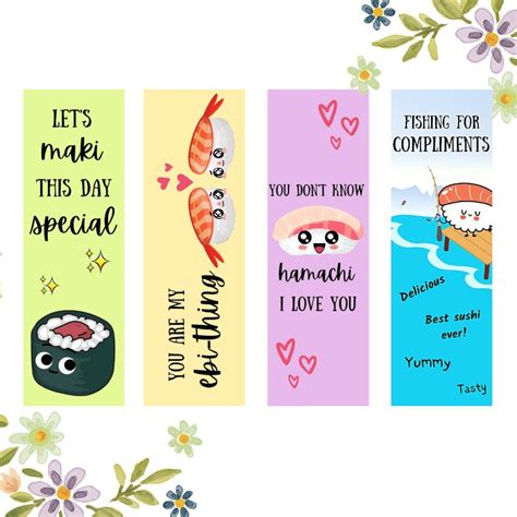 Funny Kawaii Japanese Sushi Printable Bookmarks Bookmark Set Etsy