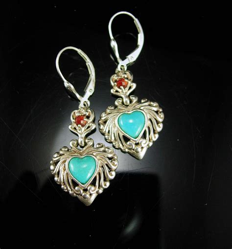 Turquoise Heart Earrings Garnet Sweetheart Gift Vintage Signed Etsy