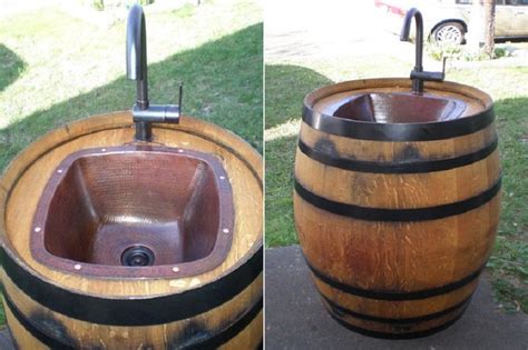 My most favorite repurposed wine barrel currently stands in my kitchen as a cooler and table combo. Outdoor Sink Made of a Wine Barrel | Outdoor sinks, Sink ...