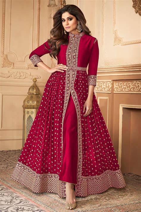 Buy Crimson Zari Embroidered Anarkali Suit In Georgette With Dupatta Online Like A Diva