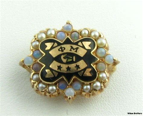 Phi Mu Genuine Opals Pearls Badge 10k Solid Yellow Gold Greek Pin