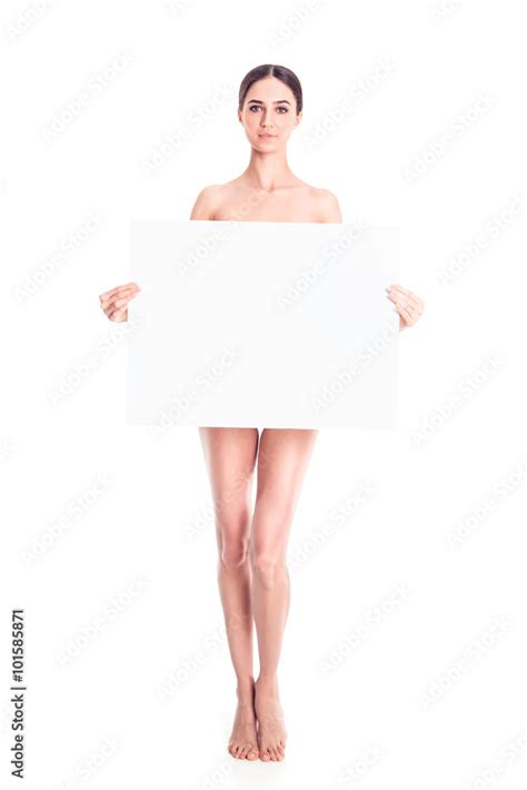 Sexy Naked Girl With A Poster Clean Skin Hair Removed Isolate For Advertising And