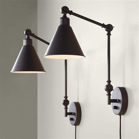 Wray Bronze Metal Plug In Wall Lamp Set Of 2 9j647 Lamps Plus