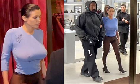 Kanye West S Wife Bianca Censori Goes Braless In Skintight Blue Top With Brown Leggings As They