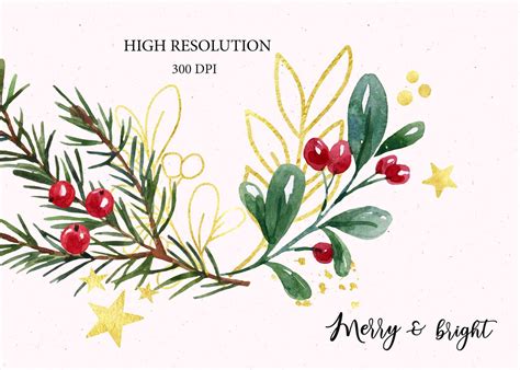 Christmas Greenery Clipart Watercolor Winter Botanical Etsy