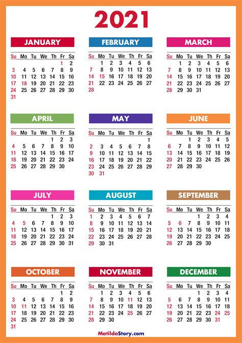 2021 Calendar With Holidays Printable Free Colorful Red Orange