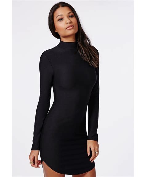 Missguided High Neck Long Sleeve Curve Hem Mini Dress Black Mini