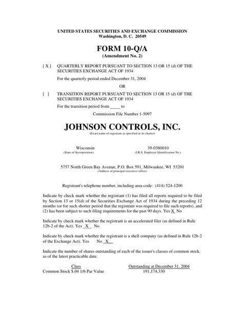 Johnson Controls Fy2005 1st Quarter Form 10 Qa