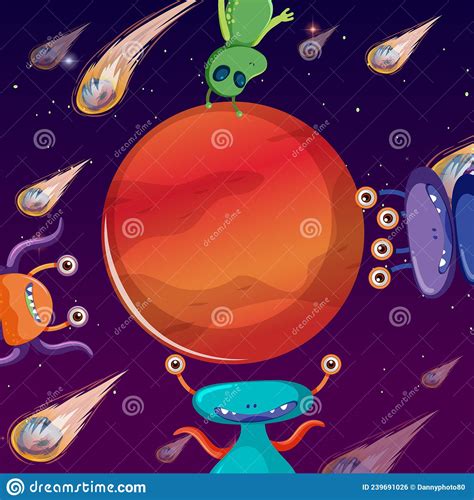 Aliens In Outer Space With Mars Planet In Cartoon Style Stock Vector