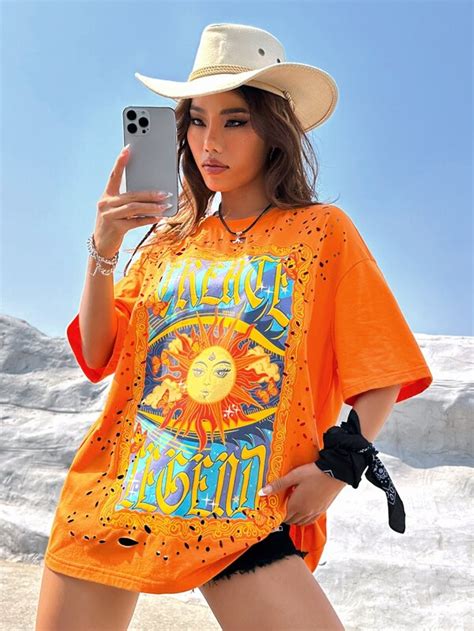 Shein Coolane Western Cowgirl Sun And Moon Print Drop Shoulder Tee Shein Usa