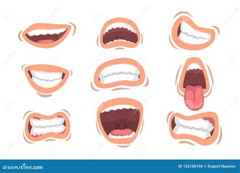 flat vector set of male mouths with different emotions smile sticking out tongue anger
