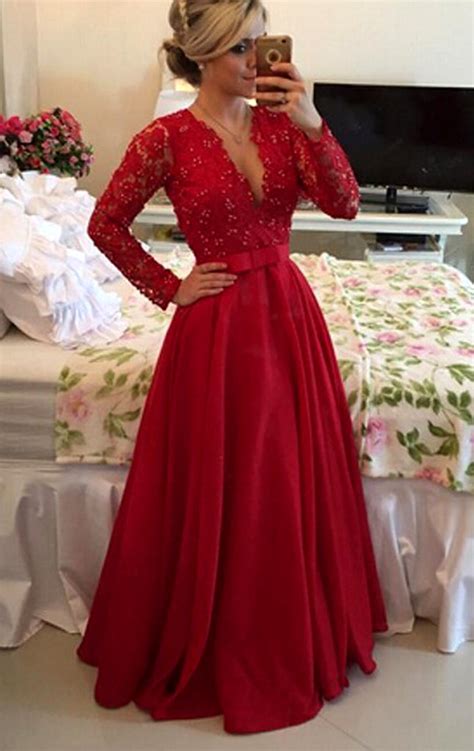 Macloth V Neck Long Sleeves Lace Long Prom Dress Red Formal Evening Go