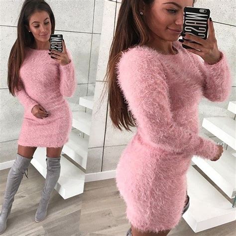 Selfie Long Sweater Dress Fluffy Sweater Long Sleeve Dress Bodycon