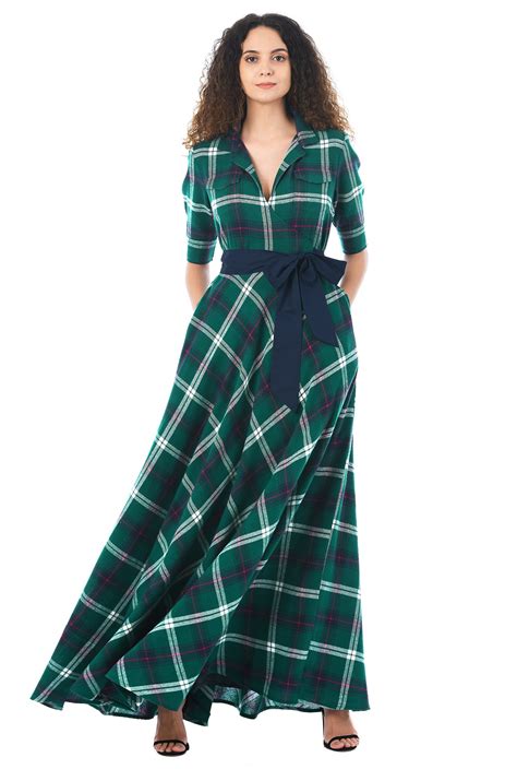 Shop Cotton Flannel Plaid Surplice Maxi Dress Eshakti