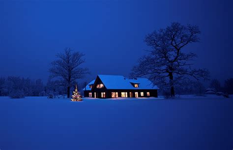 Photo Christmas Winter Nature Snow Night Time Houses
