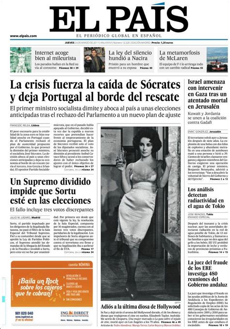 El país, madrid (madrid, spain). Journal El País (Espagne). Les Unes des journaux de Espagne. Édition du jeudi, 24 de mars de ...