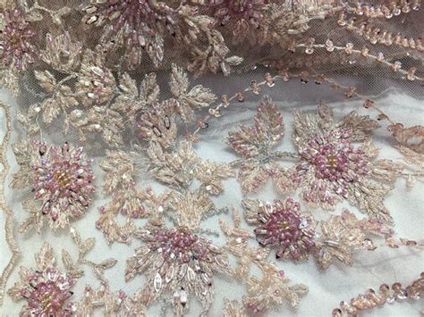 47 Inch Pink Embroidered Heavy Beaded Lace Fabric By The Yard With
