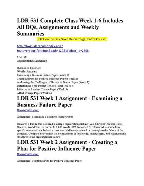 Ldr 531 Complete Class Week 1 6 Includes All Dqs Assignments And