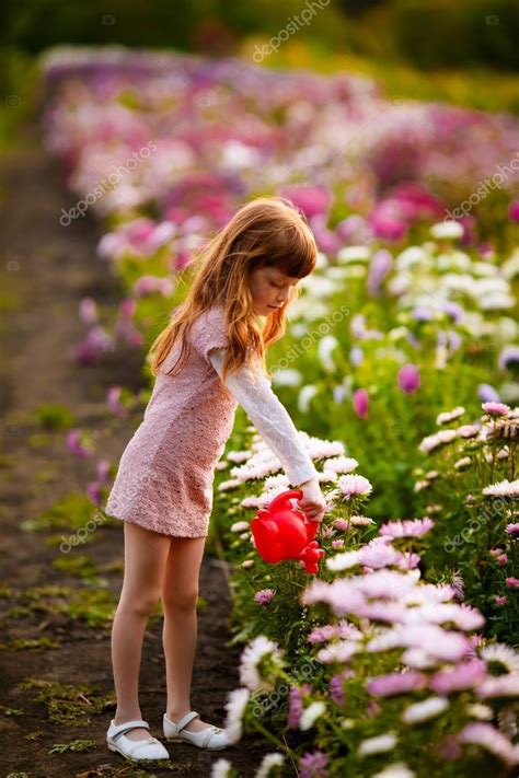 Girl Watering Flowers Asters — Stock Photo © Hannanes 30901917