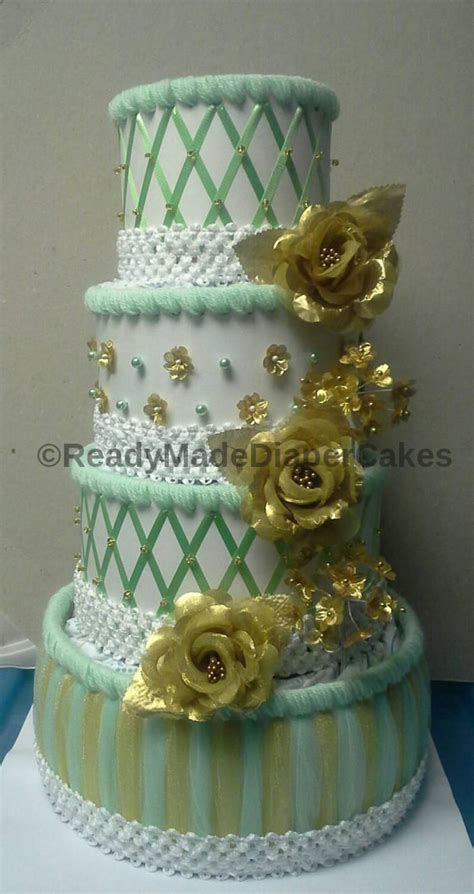 Mint Green Gold And White Themed Baby Shower Decor 4 Tier
