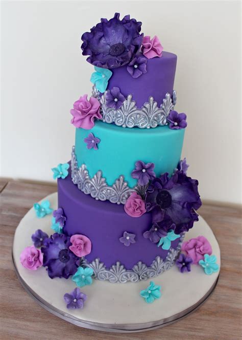 Whimsical Purple Turquoise And Pink Cake With Silver Fantasy Sugar