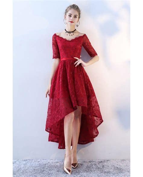 Red Lace V Neck High Low Prom Homecoming Dress With Sleeves Bls86053