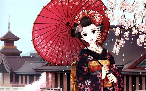 wallpaper japan illustration anime girls umbrella original characters cherry blossom