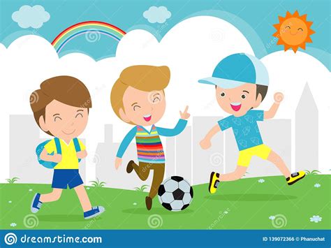 Boys Play Football Children Playing Soccer In The Park Vector