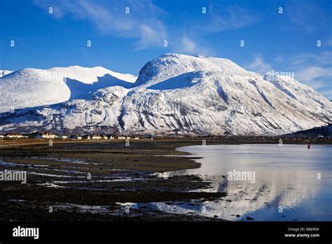Ben Nevis Covered In Snow And Loch Linnhe At Corpach Near Fort William