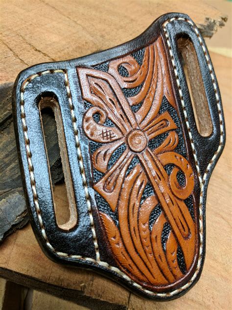 Hand Tooled Leather Knife Sheath With Western Cross Design For Pocket Knife