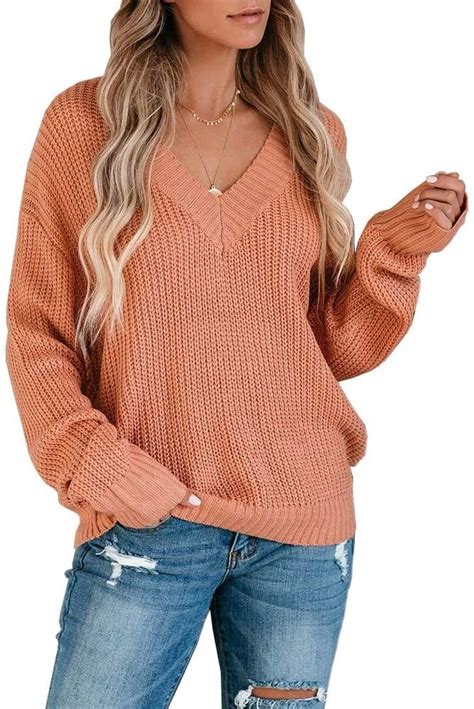 Womens Burnt Orange V Neck Pullover Sweaters Long Sleeve Off Shoulder