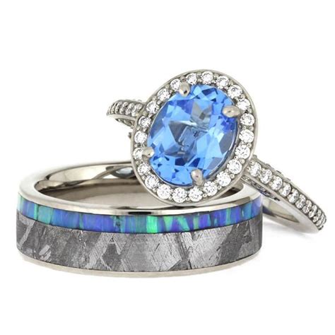 Gibeon Meteorite Wedding Ring Set Topaz Engagement Ring With Opal