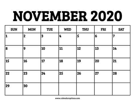 November 2020 Calendar Printable Calendar Options