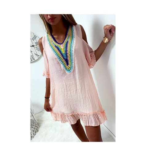Pink Beach Dress With Bare Shoulder And Embroidery On The Collar