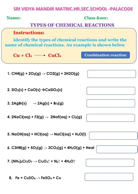 Chemical Reactions Types Of Reactions Worksheet