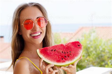 All Inclusive Cheap Summer Holidays Young Happy Woman With Watermelon