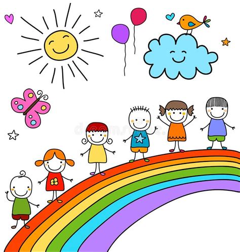 Kinder Auf Regenbogen Vektor Abbildung Illustration Von Ballone 52052996