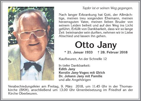 Traueranzeigen Von Otto Jany Augsburger Allgemeine Zeitung