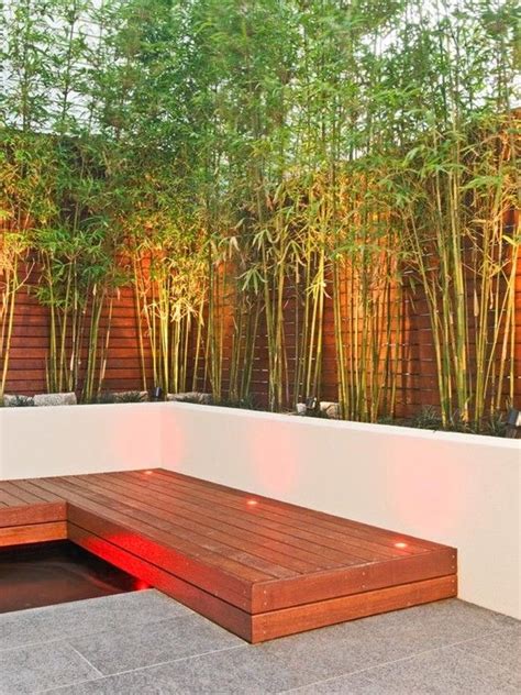 Carefully plan out the spacing and design elements of your landscape. garden landscape lighting bamboo trees wooden bench ...