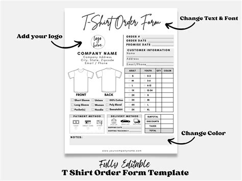 Tshirt Order Form Shirt Order Form Template T Shirt Order Etsy