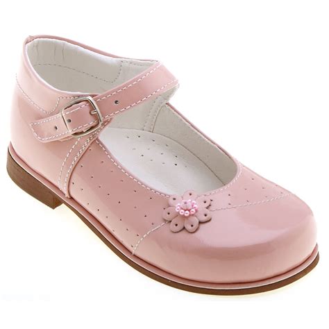 Girls Classic Mary Janes Pink Patent Shoes Leather Flowers And Beads