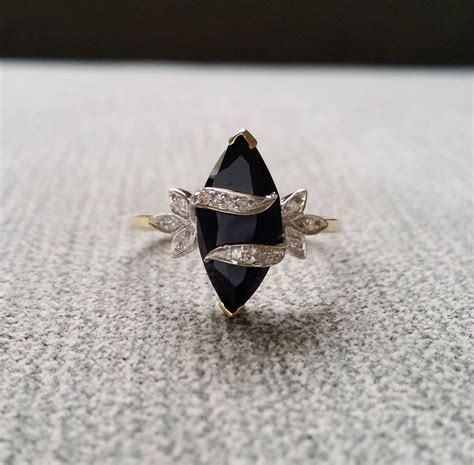 Antique Black Onyx Diamond Ring 2 Tone Flower Vine Engagement Ring