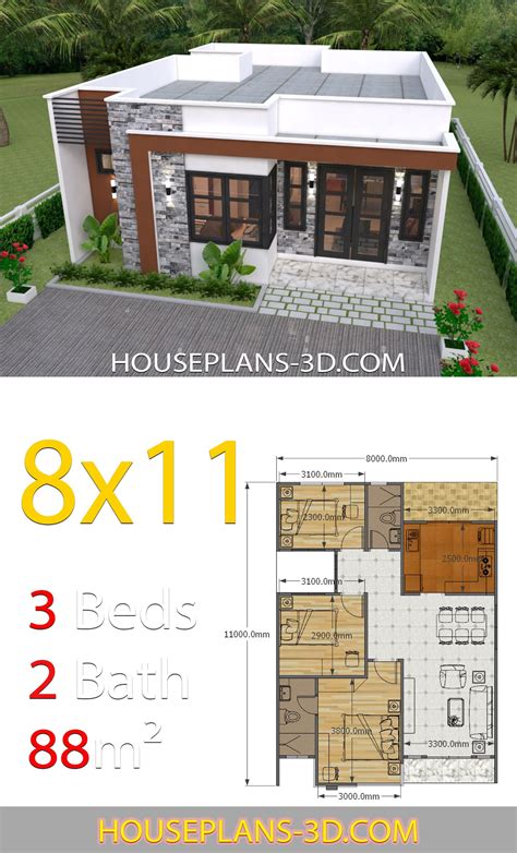 House Design 8×11 With 3 Bedrooms Full Plans En 2020 Constructoras De