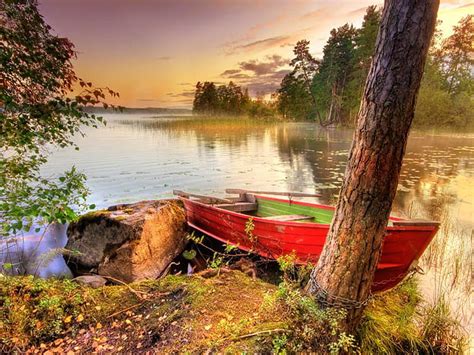 Beautiful Place Colorful Grass Bonito Sunset Clouds Leaves Boats Boat Hd Wallpaper Peakpx