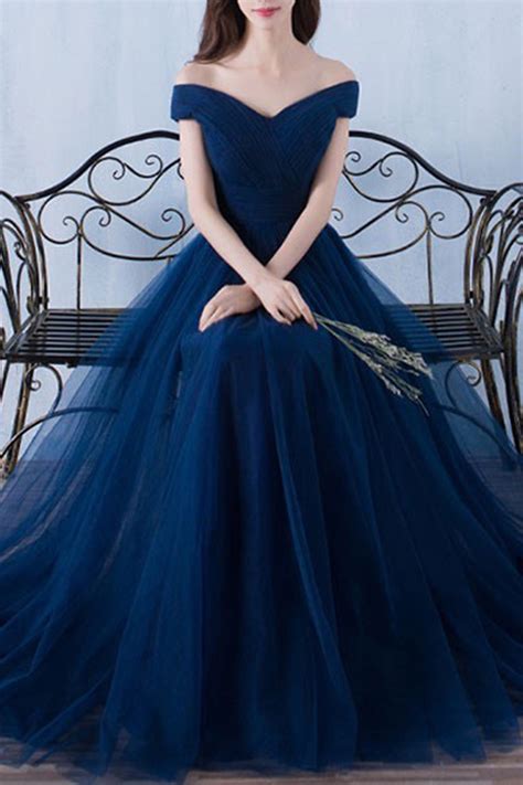Dark Blue Tulle Organza Off Shoulder A Line Long Prom Dressesevening