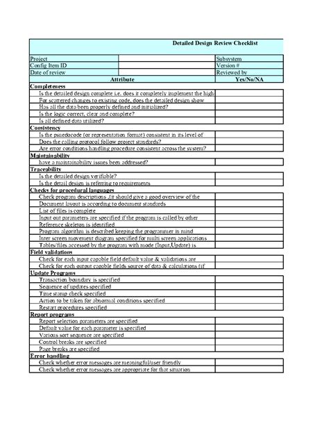 Detailed Design Review Checklist Excel Workbook Xls Flevy