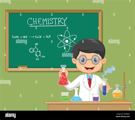 Cartoon Scientist Boy In Lab Coat With Chemical Glassware Stock Vector
